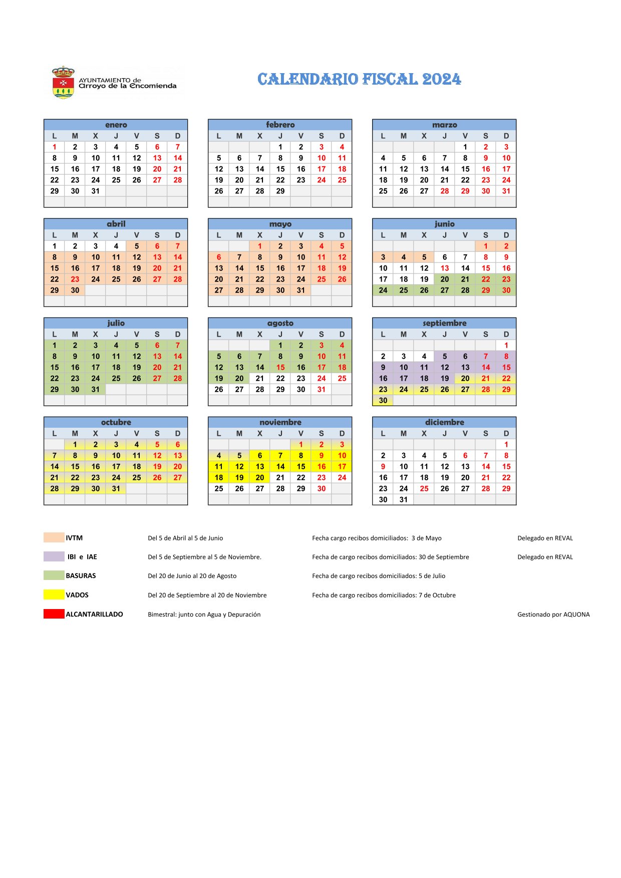 Calendario fiscal Arroyo de la Encomienda 2024